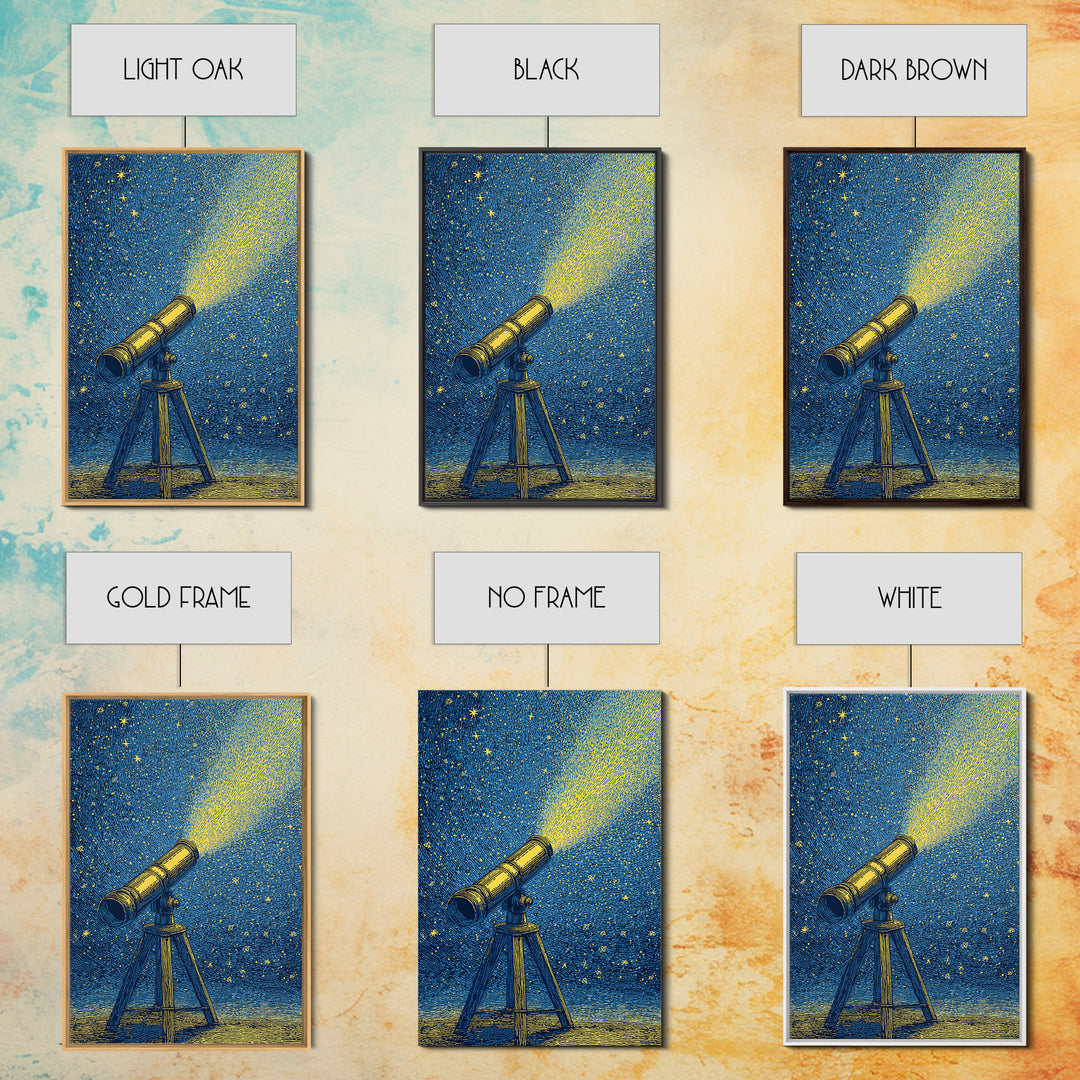Blue Night Telescope Canvas Print, Mid Century Modern Astronomy Poster, Starry Space Wall Decor, Retro Science Gift For Him