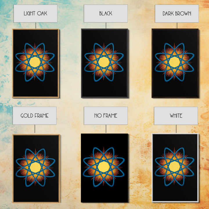Blue Atomic Orbit Sunburst Wall Art, Midcentury Modern Science Poster, Retro Space Decor, Geometric MCM Art Print For Office
