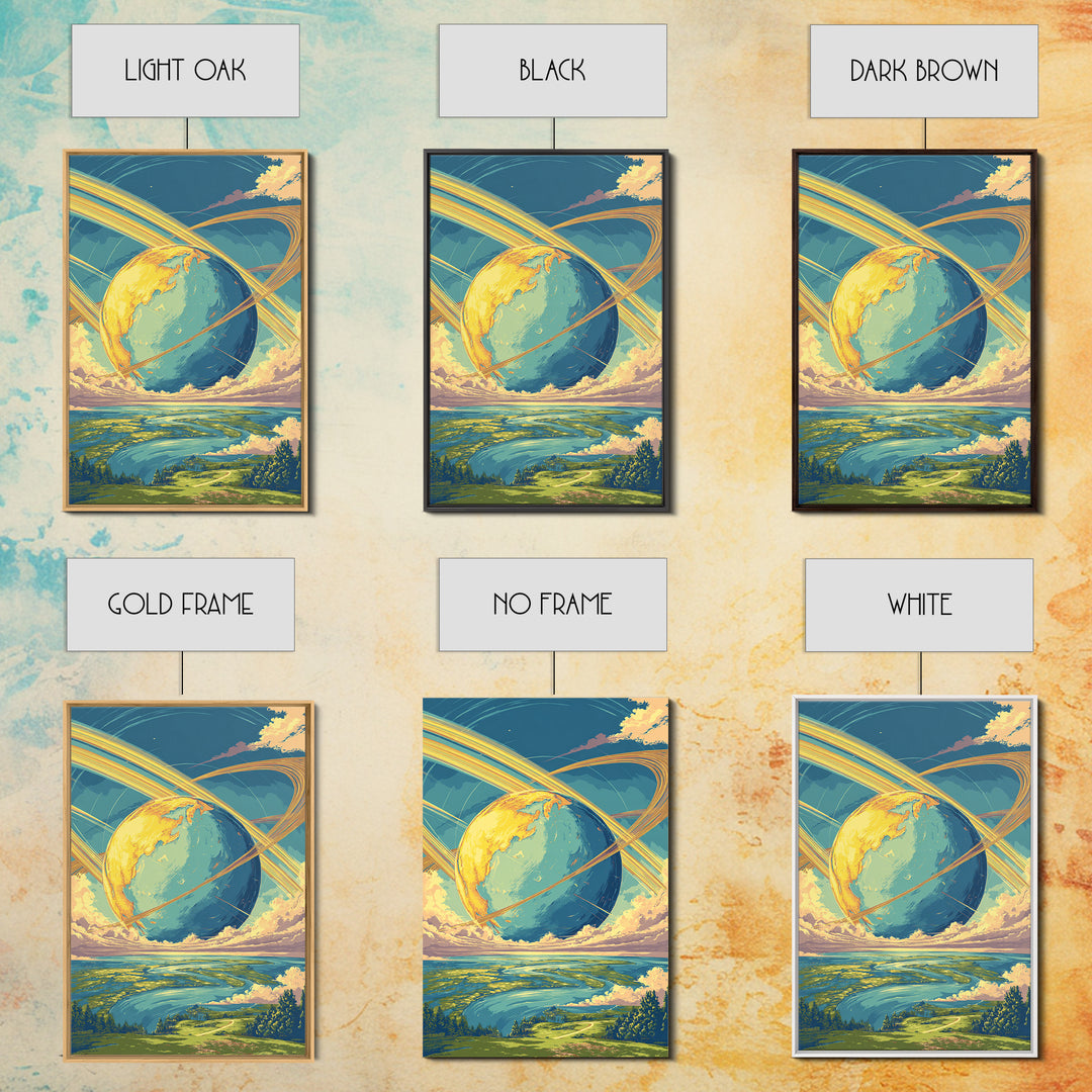 Dreamy Ringed Earth Landscape Wall Art, Retro Futuristic Travel Poster, Colorful Modern Space Decor, Scenic Canvas Print