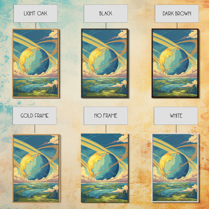 Dreamy Ringed Earth Landscape Wall Art, Retro Futuristic Travel Poster, Colorful Modern Space Decor, Scenic Canvas Print
