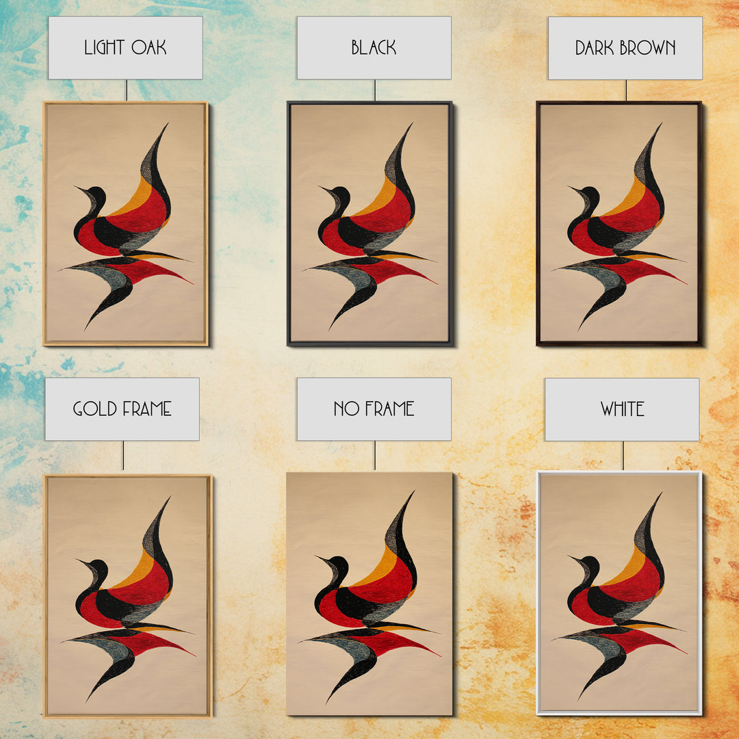 Red Black Abstract Bird Canvas Print, Midcentury Modern Wall Art, Retro Geometric Art, Warm Beige Living Room Decor, Gift