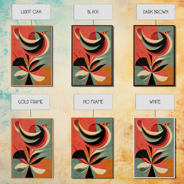 Retro Bird And Flower Wall Art, Midcentury Modern Canvas Print, Colorful Geometric Poster, MCM Botanical Home Decor, Gift