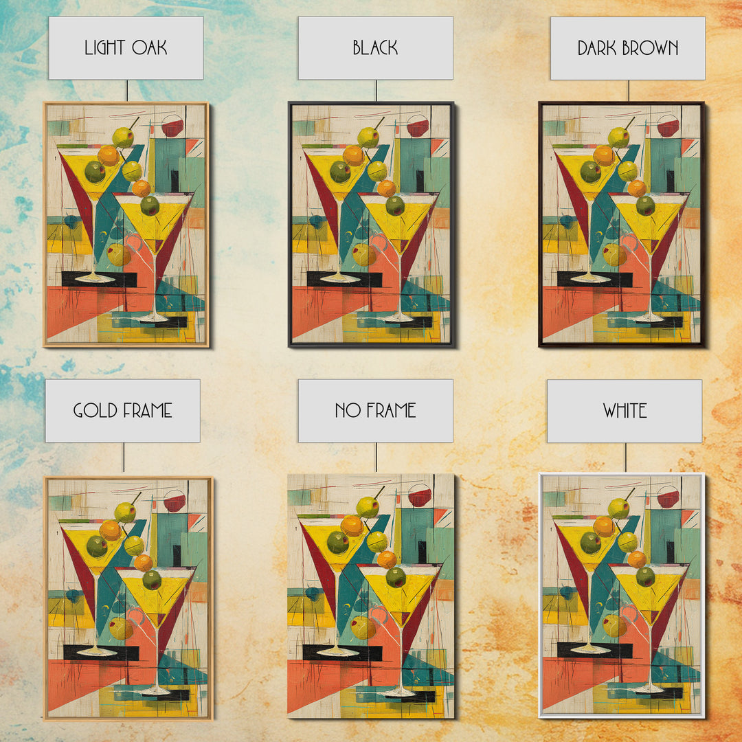 Retro Martini Glasses With Olives Wall Art, Mid Century Modern Bar Cart Decor, Cocktail Poster, Colorful Kitchen Art Print