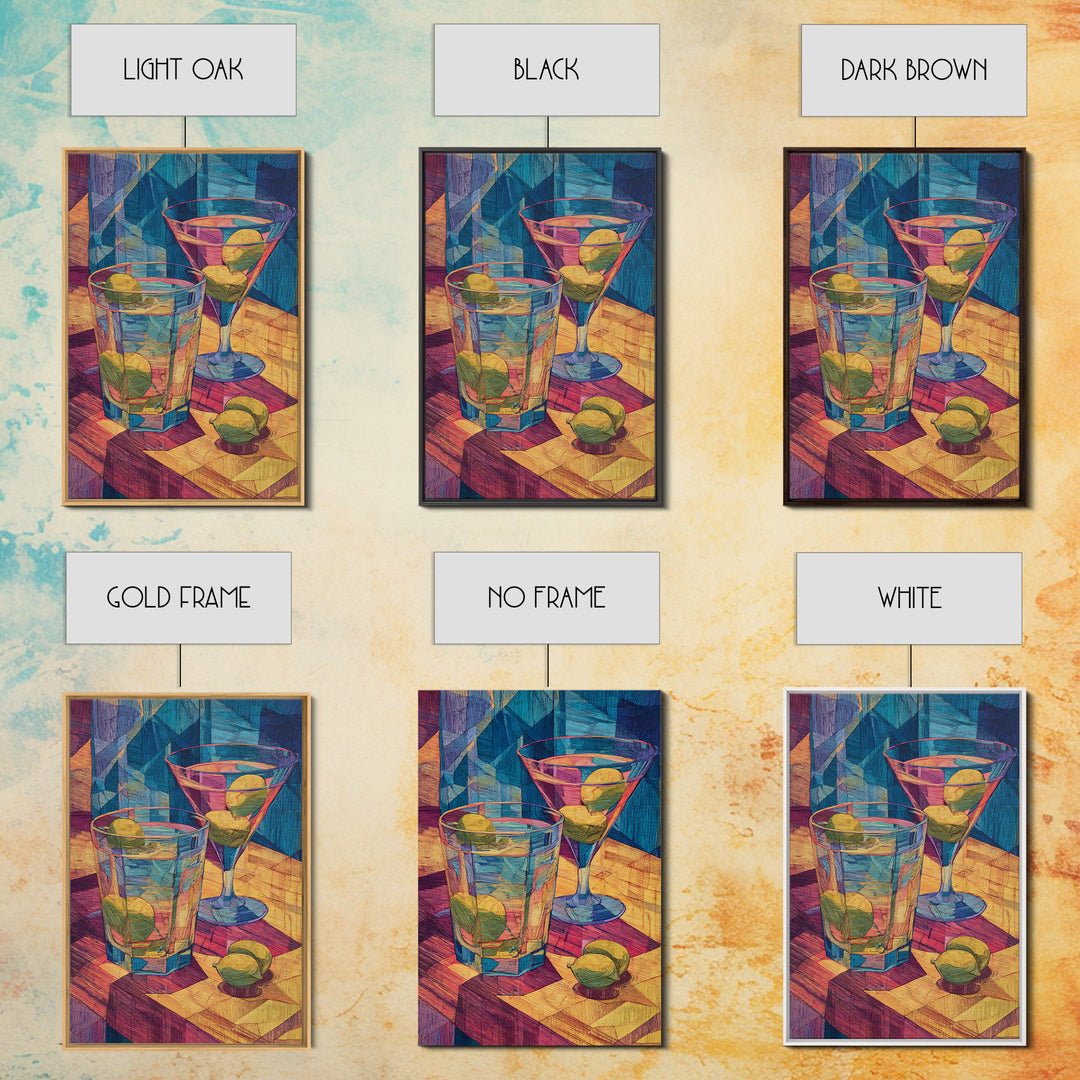 Cubist Cocktail Glasses With Limes Framed Canvas Print, Colorful Retro Wall Decor, Bar Cart Poster, Modern Kitchen Art Print