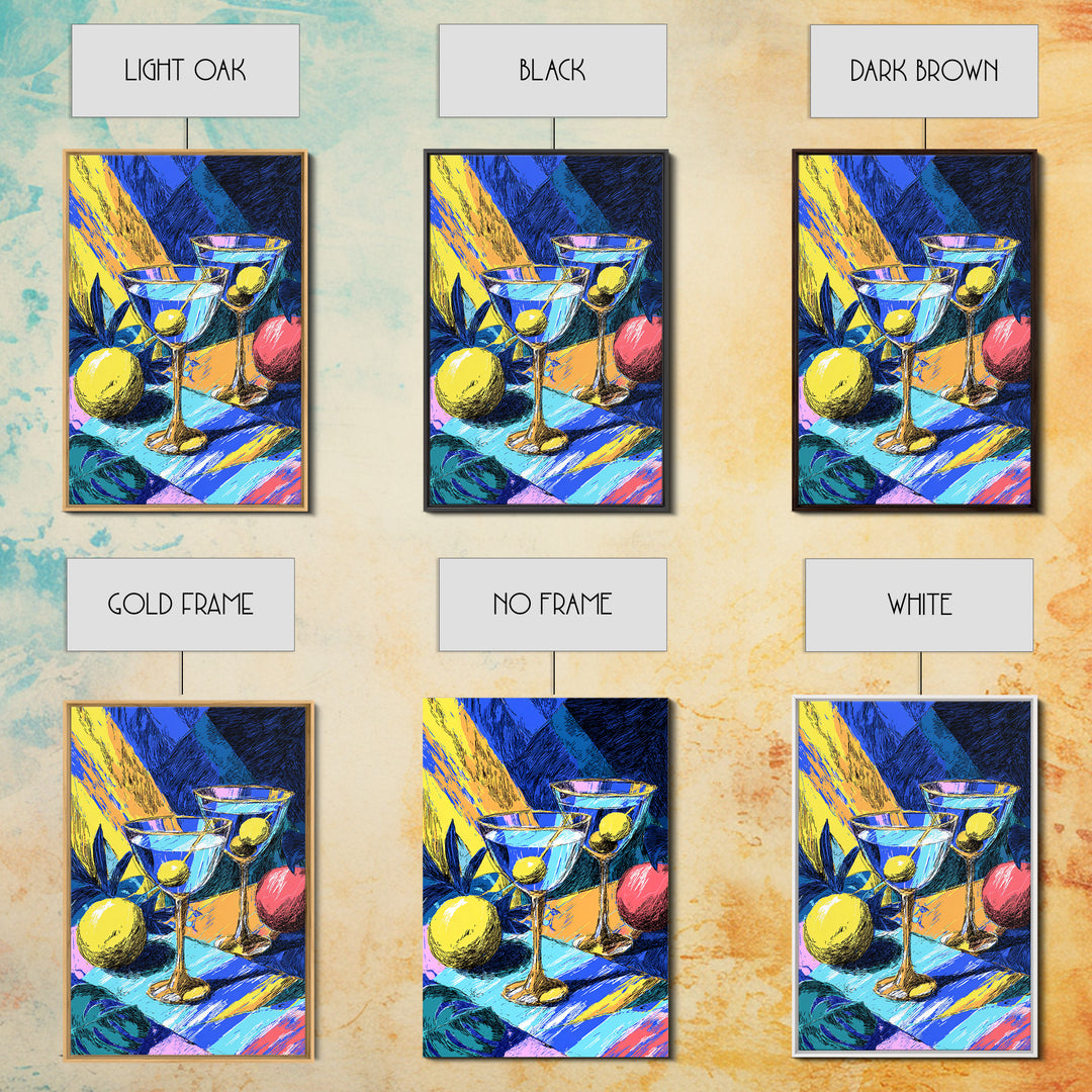 Bold Blue Martini Glasses With Lemons Canvas Print, Colorful Pop Art Bar Decor, Retro Cocktail Poster, Funky Kitchen Art