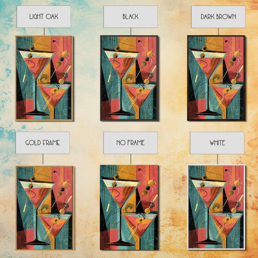 Atomic Martini Glasses With Olives Wall Art, Mid Century Modern Bar Decor, Retro Cocktail Poster, Geometric Kitchen Print