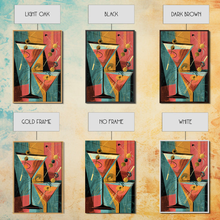 Atomic Martini Glasses With Olives Wall Art, Mid Century Modern Bar Decor, Retro Cocktail Poster, Geometric Kitchen Print