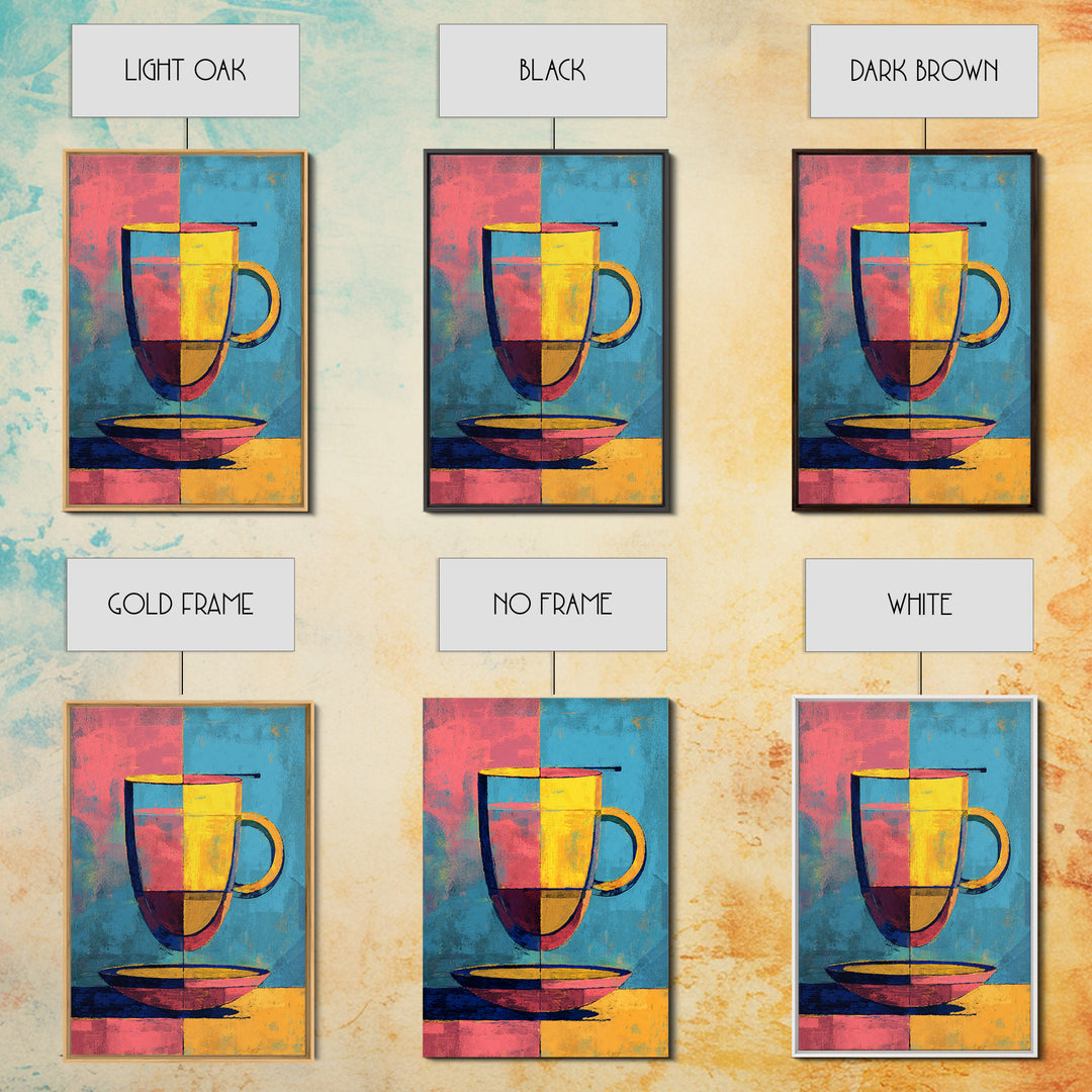 Colorful Modern Mug On Saucer Canvas Print, Mid Century Coffee Wall Decor, Abstract Kitchen Poster, Bold Cafe Art Print Gift