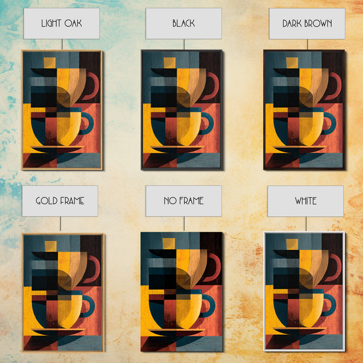 Geometric Cubist Coffee Cups Framed Canvas Print, Midcentury Modern Wall Art, Retro Kitchen Decor, Bold MCM Art Print, Home Decor