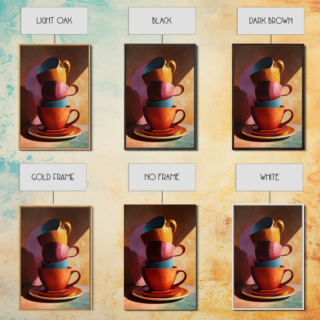 Stacked Colorful Coffee Cups Canvas Print, Modern Kitchen Wall Art, Retro Cafe Poster, Bright Home Decor, Coffee Lover Gift