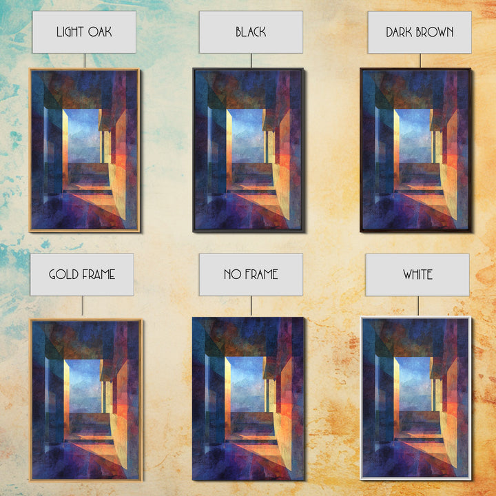 Abstract Architectural Hallway Canvas Print, Modern Wall Art, Geometric Perspective Art, Moody Blue Orange Home Office Decor