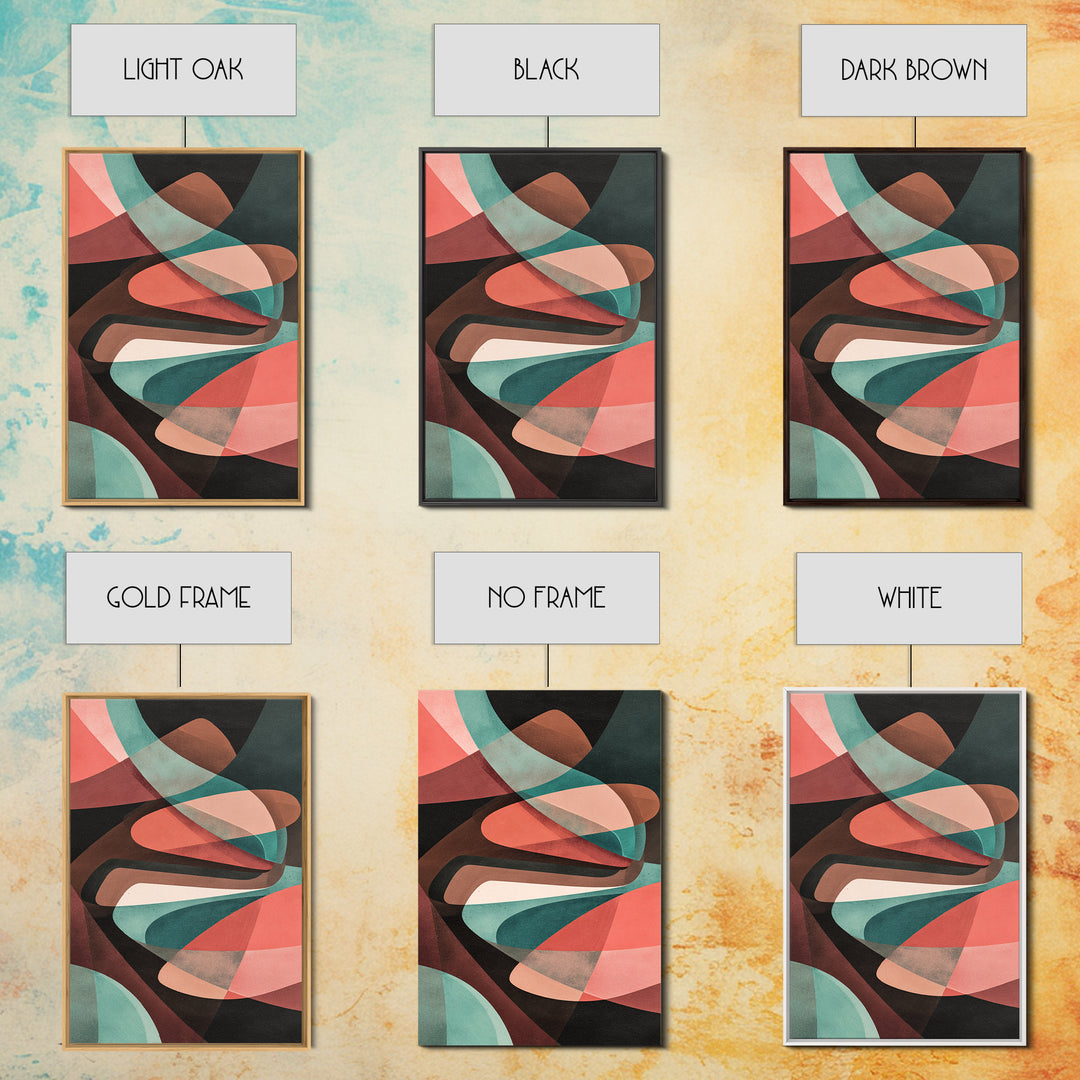 Coral Teal Dark Abstract Canvas Print, Modern Wall Art, Retro Geometric Decor, Moody Midcentury Living Room Poster, Home Office Art