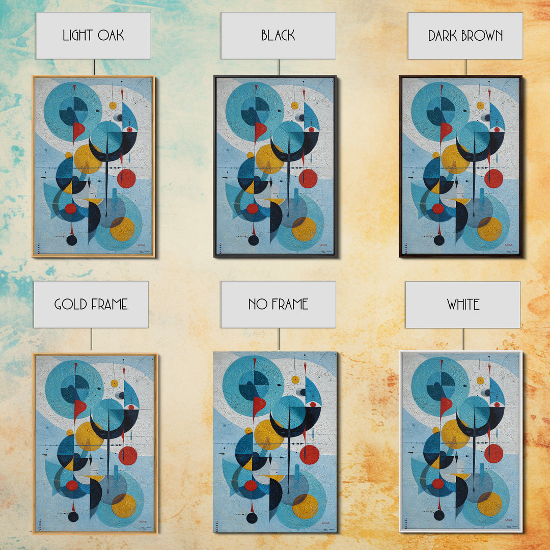 Blue Circle Bauhaus Framed Canvas Print, Midcentury Modern Wall Art, Atomic Geometric Artwork, Red Yellow MCM Decor, Living Room