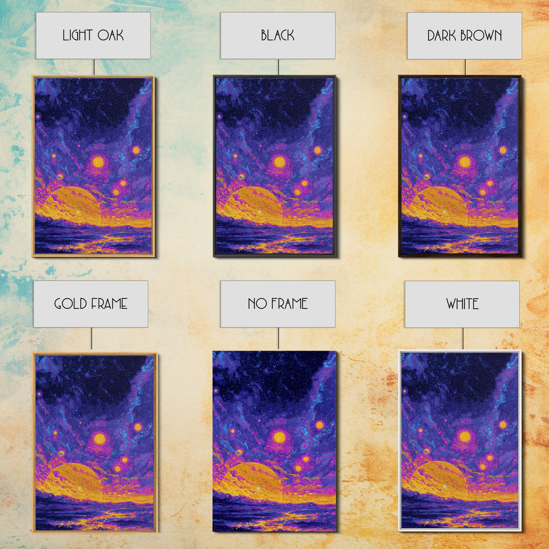 Starry Ocean Sunset Canvas Print, Cosmic Retro Wall Art, Yellow Purple Galaxy Decor, Dreamy Modern Seascape Poster, Living Room