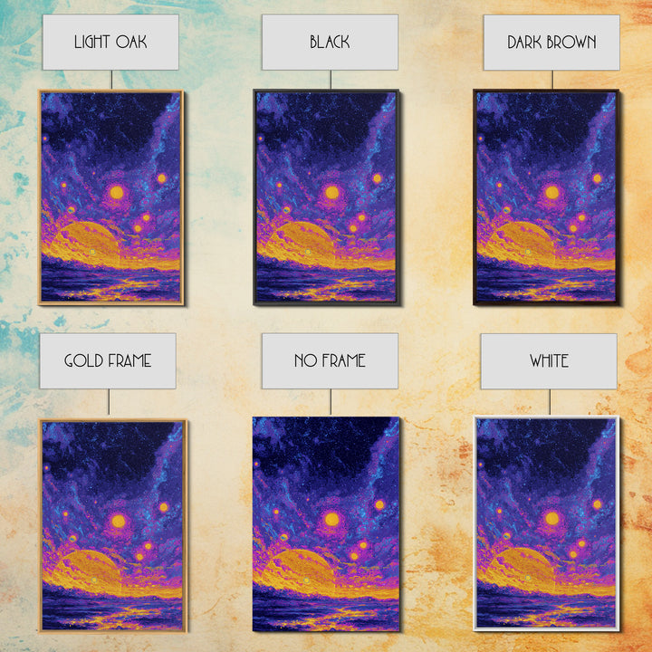 Starry Ocean Sunset Canvas Print, Cosmic Retro Wall Art, Yellow Purple Galaxy Decor, Dreamy Modern Seascape Poster, Living Room