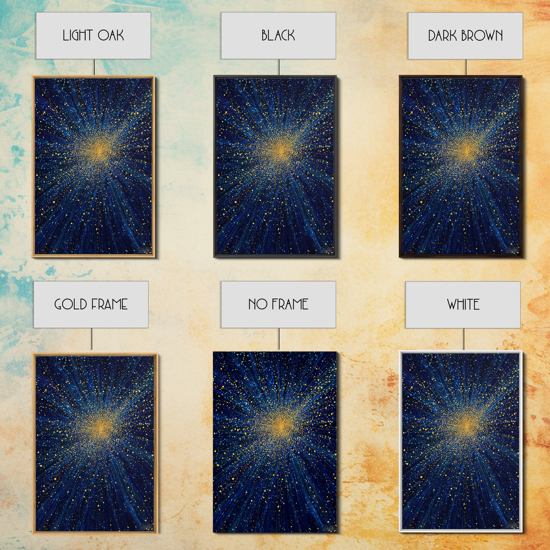 Blue And Gold Starburst Wall Art, Cosmic Particle Explosion, Space Abstract Art, Modern Art Print, Large Living Room Decor