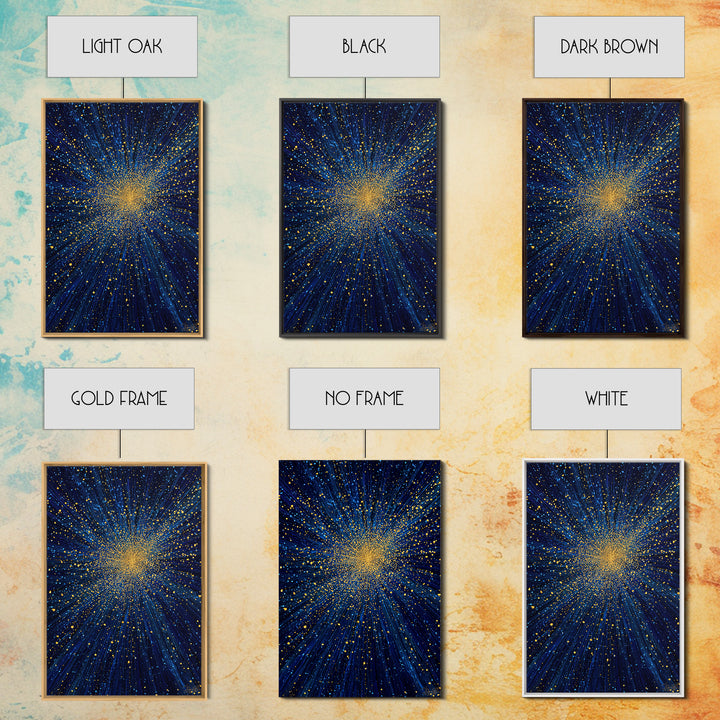 Blue And Gold Starburst Wall Art, Cosmic Particle Explosion, Space Abstract Art, Modern Art Print, Large Living Room Decor