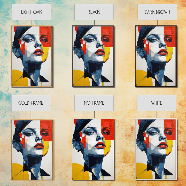Bold Cubist Woman Portrait Framed Canvas Print, Red Yellow Blue Abstract Wall Art, Pop Art Poster, Modern Decor For Bedroom