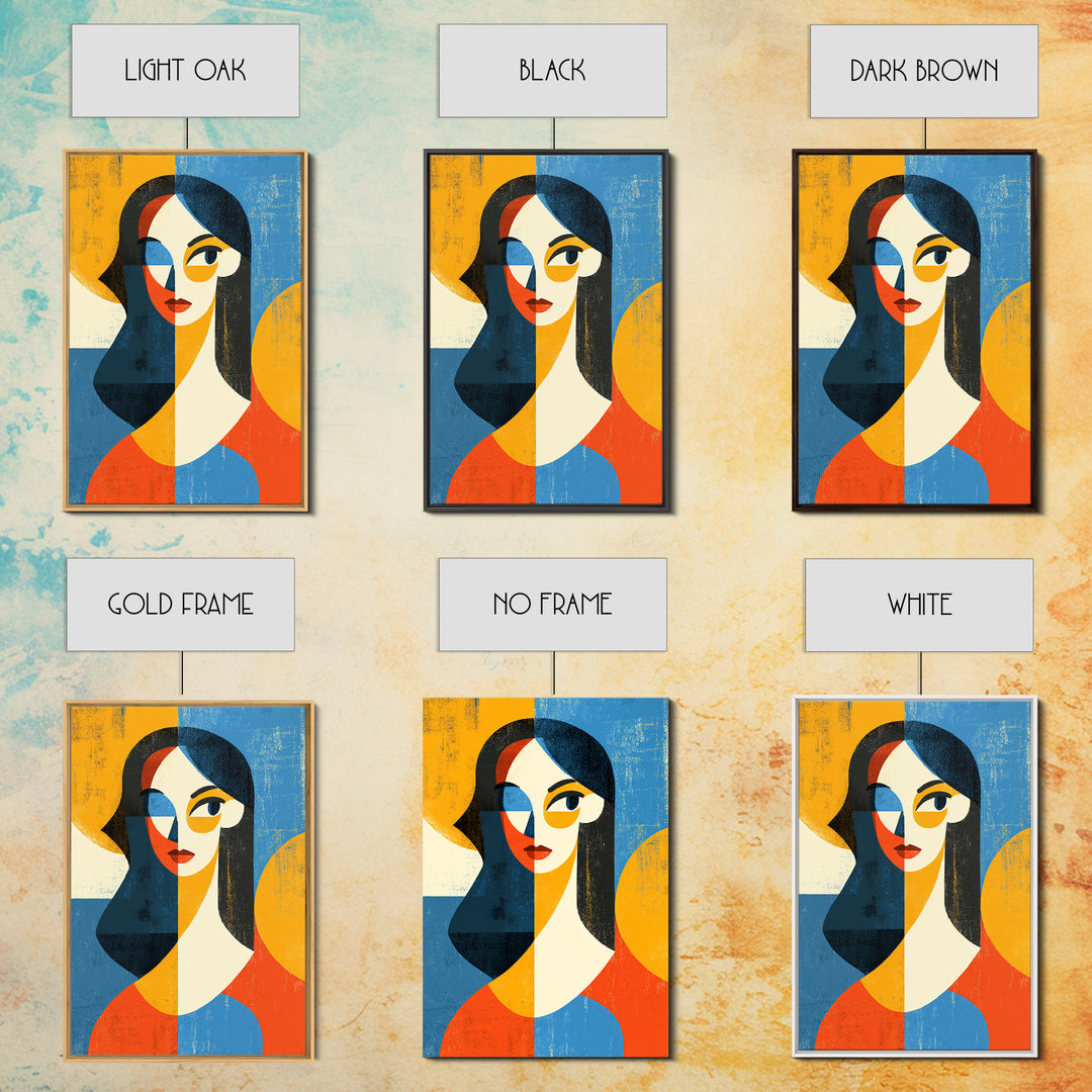 Geometric Midcentury Woman Portrait Canvas Print, Modern Abstract Art, Bauhaus Poster, Orange Blue Decor For Living Room