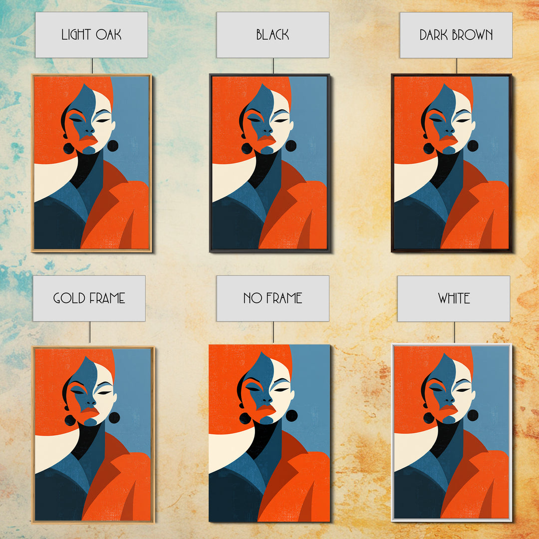 Elegant Orange Blue Woman Portrait Framed Canvas Print, Midcentury Modern Art, Fashion Wall Decor, Bold Retro Poster Gift