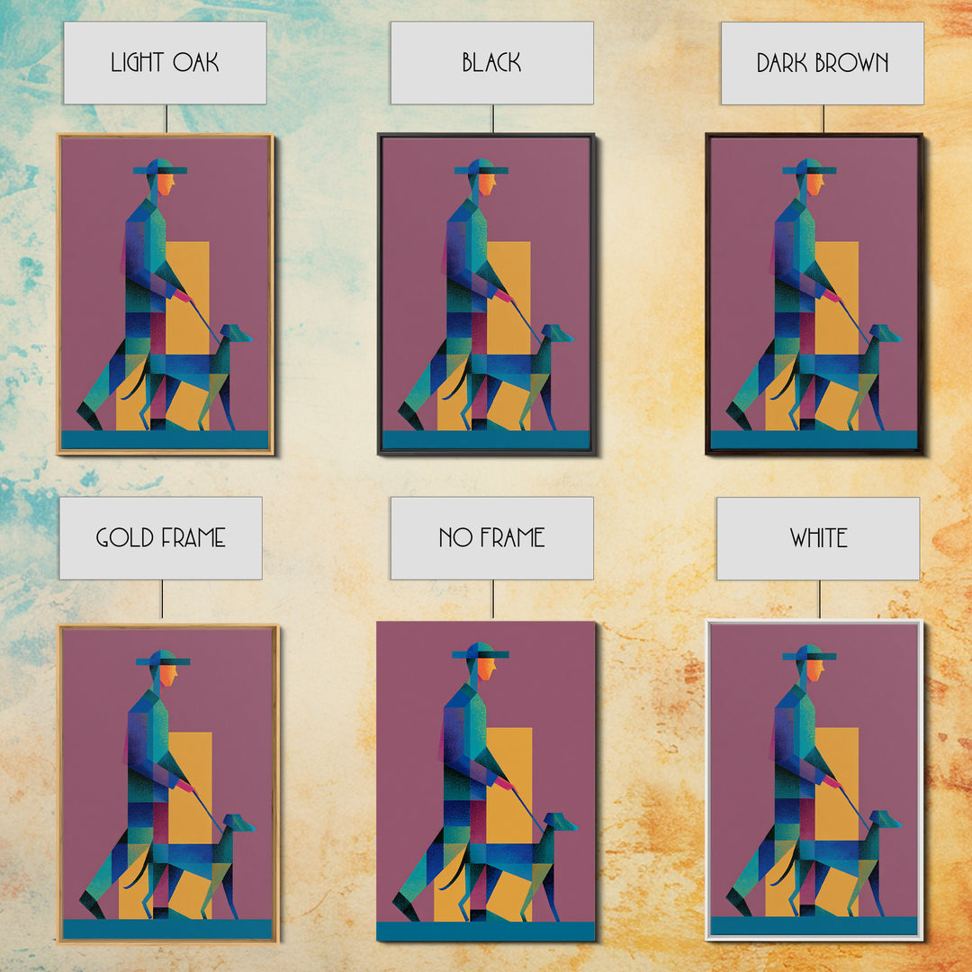 Geometric Man Walking Dog Canvas Print, Midcentury Modern Wall Art, Bauhaus Style Poster, Retro Pet Lover Home Decor Gift