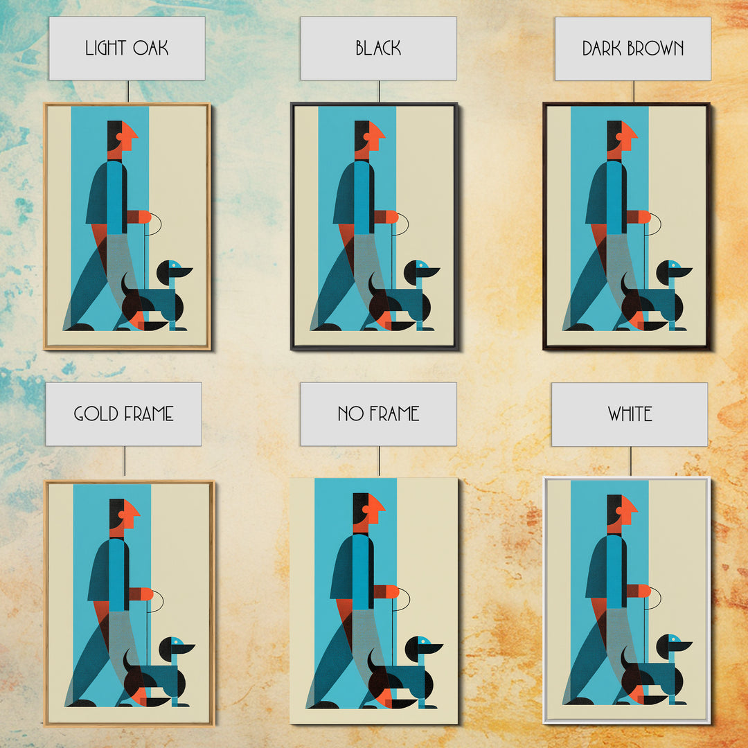 Midcentury Man With Dachshund Wall Art, Geometric Modern Art Print, Retro Dog Walker Poster, Minimalist Home Decor Gift For Dog Lovers