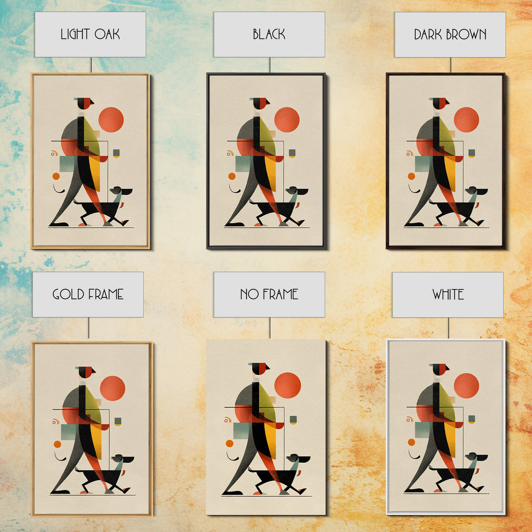 Bauhaus Man Walking Dog Framed Canvas Print, Midcentury Modern Wall Art, Geometric Sun Poster, Retro Home Office Decor Gift