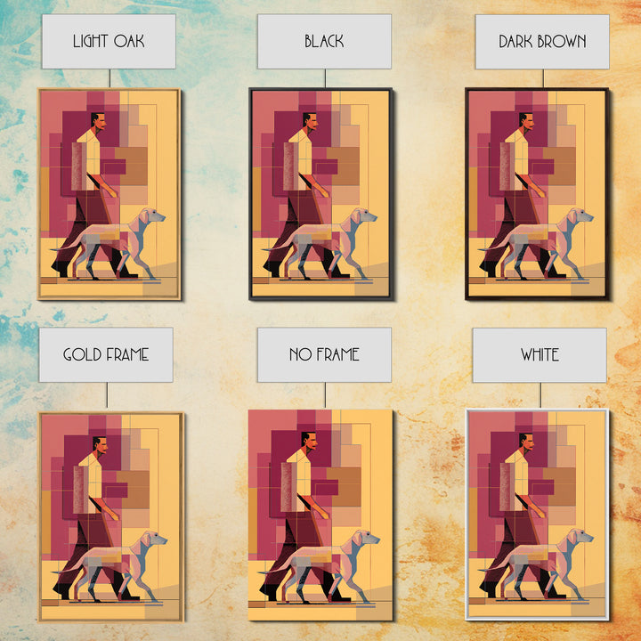 Pastel Man Walking Dog Canvas Print, Midcentury Modern Wall Art, Geometric Pink Orange Poster, Contemporary Pet Decor Gift