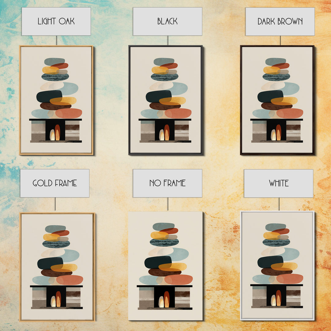 Balanced Pebble Stack Over Fireplace Framed Canvas Print, Midcentury Abstract Wall Art, Neutral MCM Decor, Colorful Home Art