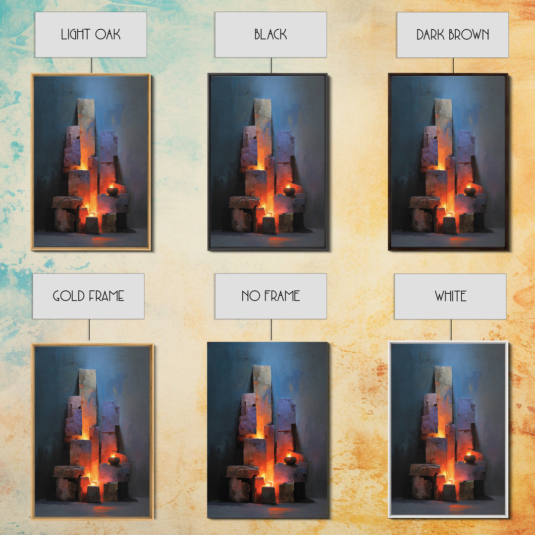 Glowing Brutalist Blocks And Candle Wall Art, Modern Abstract Art Print, Moody Blue Orange Decor, Industrial Home Office Poster
