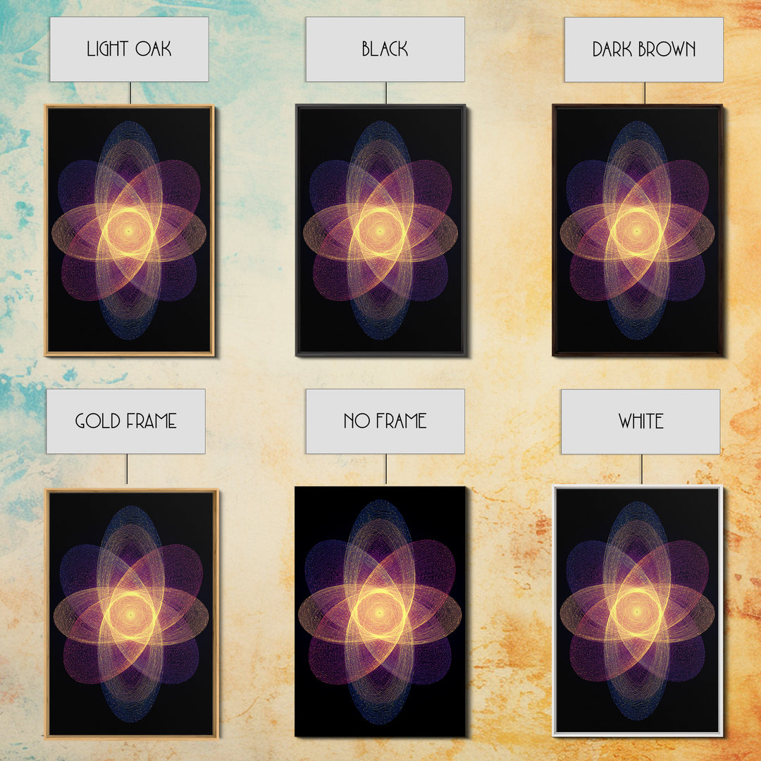 Radiant Purple Gold Atomic Flower Framed Canvas Print, Midcentury Modern Wall Art, Cosmic Geometric Art, Retro Decor Poster