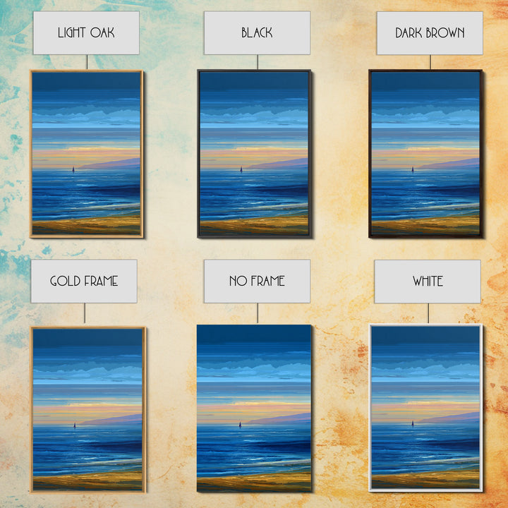 Blue Coastal Sunset Sailboat Framed Canvas Print, Ocean Beach Wall Art, Modern Landscape Art, Nautical Living Room Decor