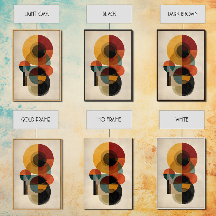 Ochre Red Teal Circle Abstract Framed Canvas Print, Midcentury Modern Wall Art, Geometric Bauhaus Home Decor Poster Print Gift