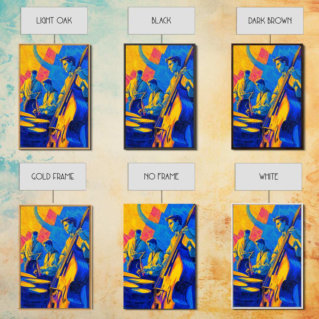 Neon Blue Yellow Jazz Trio Canvas Print, Bold Modern Wall Art, Colorful Music Poster, Midcentury Decor, Large Art Print Gift