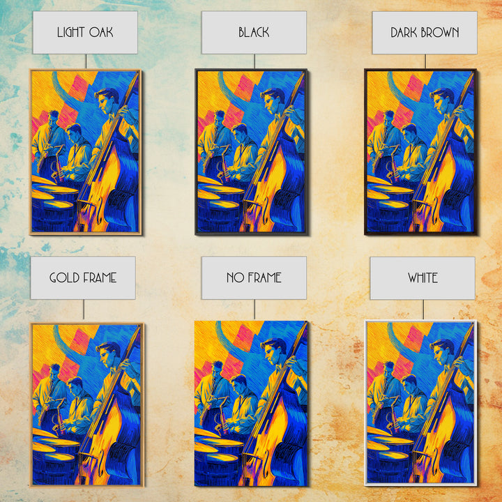 Neon Blue Yellow Jazz Trio Canvas Print, Bold Modern Wall Art, Colorful Music Poster, Midcentury Decor, Large Art Print Gift