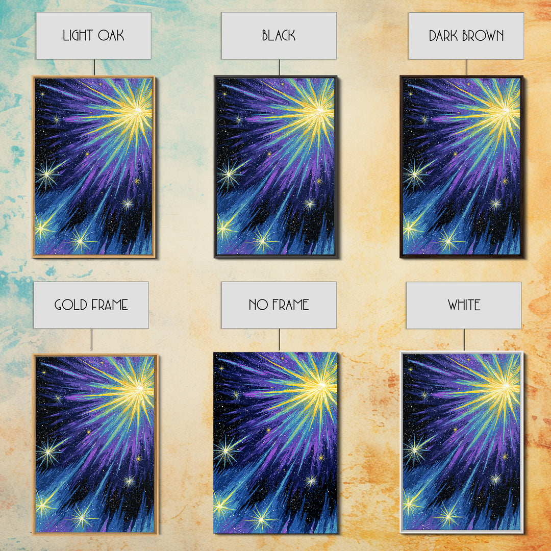 Radiant Comet Starburst Night Sky Framed Canvas Print, Cosmic Retro Wall Art, Space Abstract Art, Modern Home Decor, Gallery Wall Art