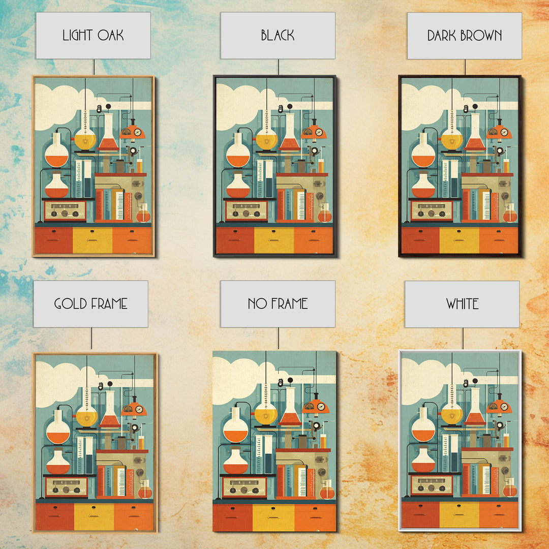 Midcentury Science Lab Beakers Canvas Print, Retro Chemistry Wall Art, Atomic Modern Decor, Office Poster, Orange MCM Art