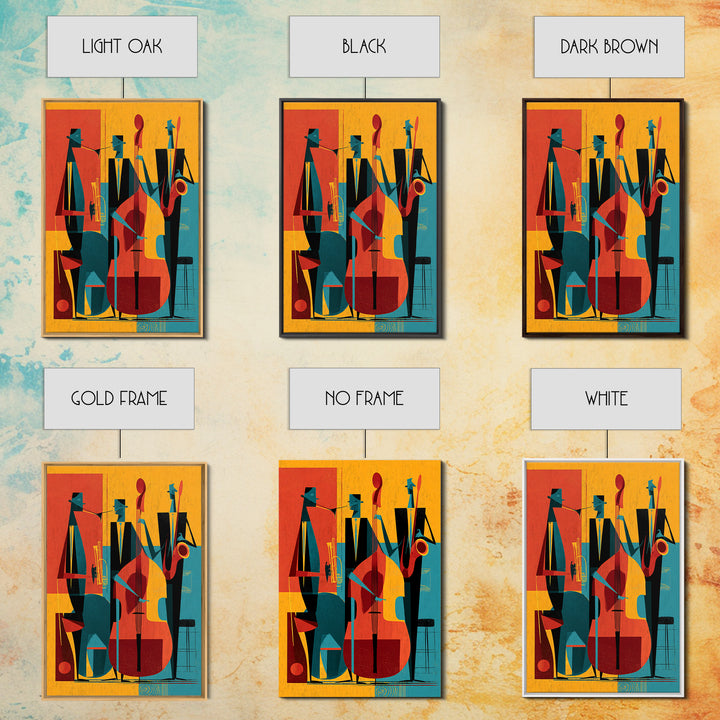 Retro Abstract Jazz Band With Bass And Saxophone Wall Art, Midcentury Modern Poster, Orange Teal Decor, Framed Canvas Print