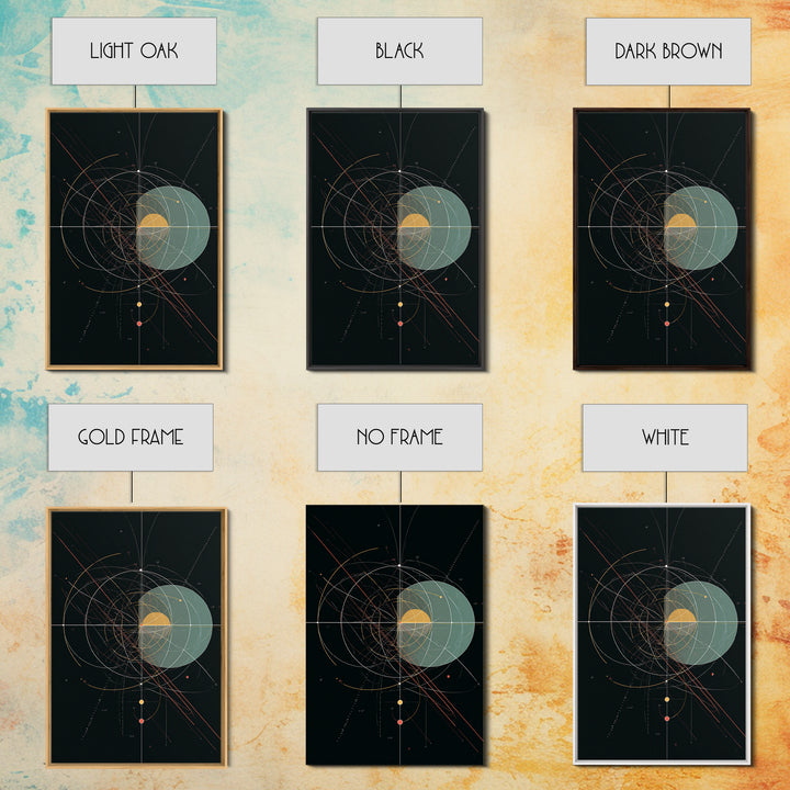 Black Celestial Geometry Diagram Canvas Print, Modern Abstract Art Print, Geometric Wall Art, Atomic Space Office Decor Poster