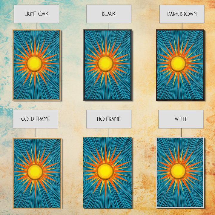 Bright Yellow Sunburst With Turquoise Rays Wall Art, Midcentury Sun, Modern Abstract Art, Retro Pop Art Poster Print, Living Room Decor
