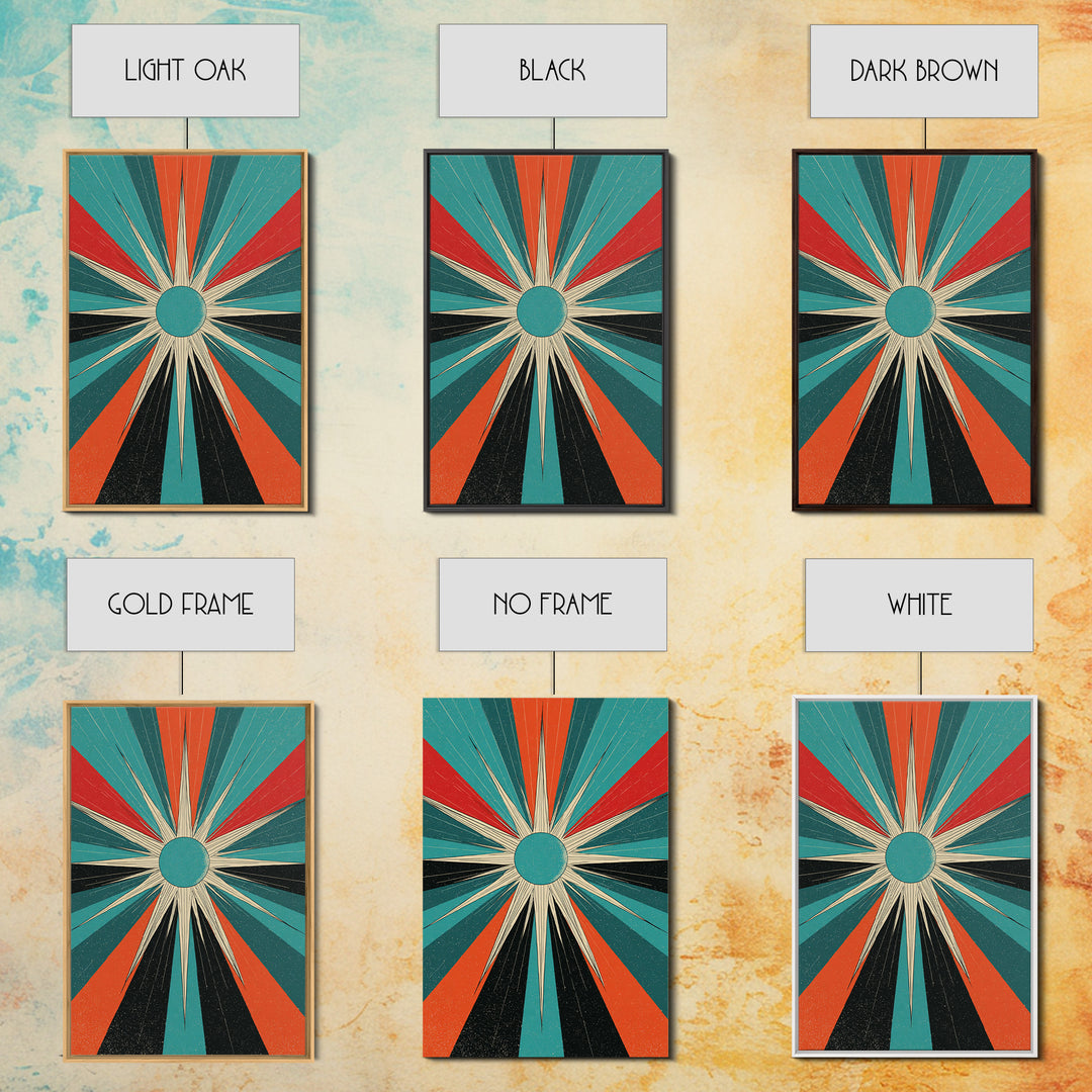 Teal Orange Retro Compass Starburst Framed Canvas Print, Midcentury Wall Art, Geometric Abstract, Atomic Mcm Wall Decor Print