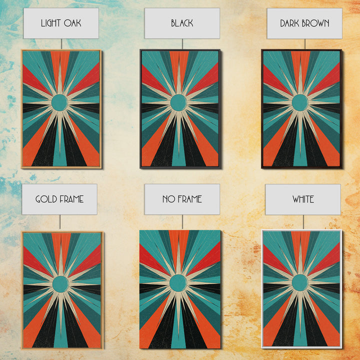 Teal Orange Retro Compass Starburst Framed Canvas Print, Midcentury Wall Art, Geometric Abstract, Atomic Mcm Wall Decor Print