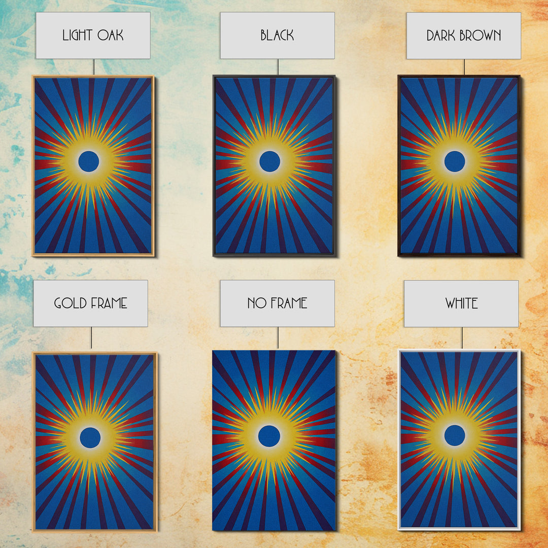 Blue Eclipse Sun With Yellow Burst Wall Art, Midcentury Modern, Space Abstract Art, Retro Poster, Bold Mcm Wall Decor Print