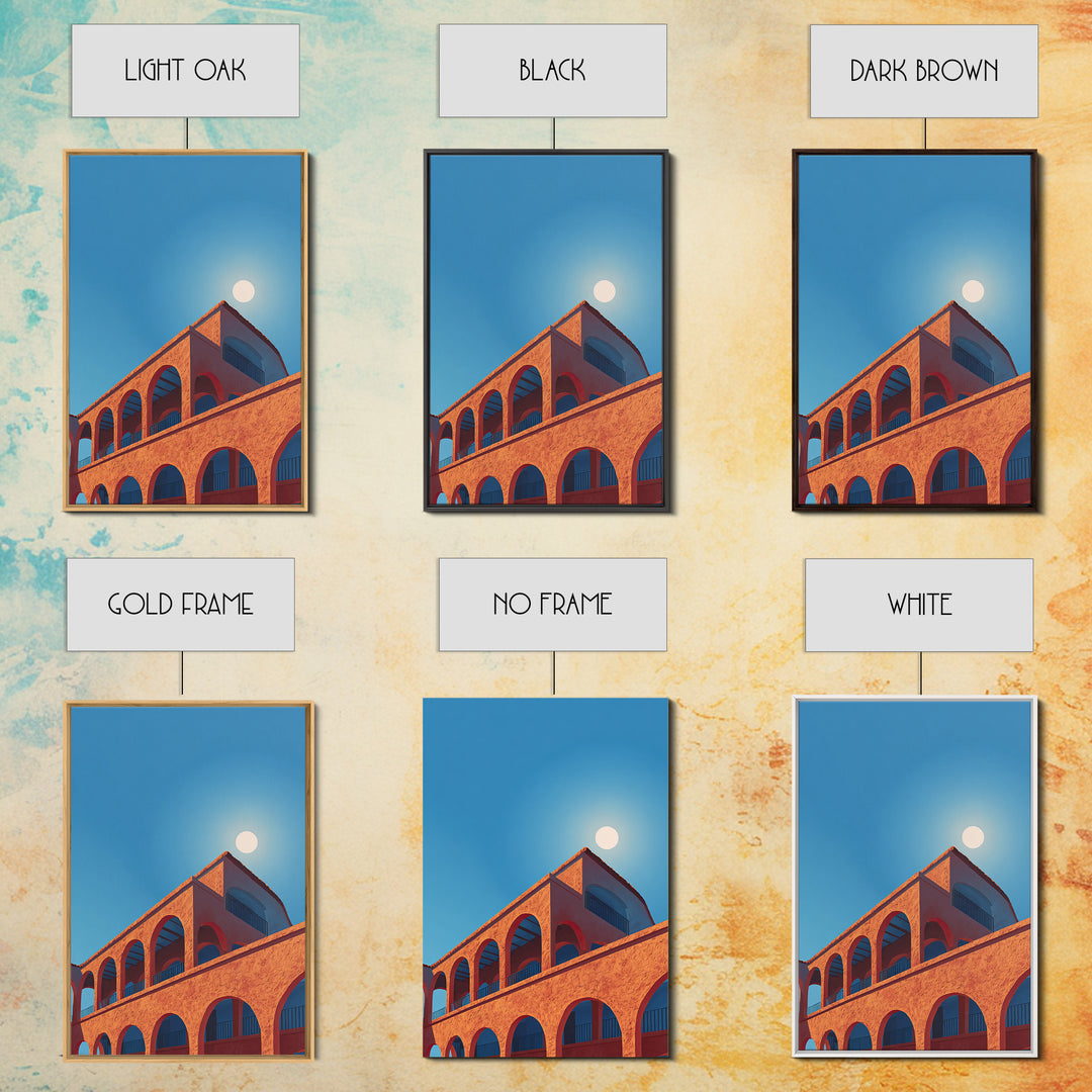 Terracotta Arcade With White Sun Wall Art, Modern Architectural Art, Palm Springs Decor, Orange Blue Travel Poster, MCM Print
