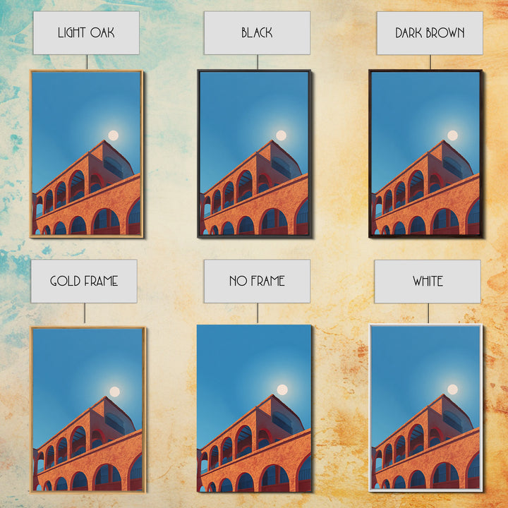 Terracotta Arcade With White Sun Wall Art, Modern Architectural Art, Palm Springs Decor, Orange Blue Travel Poster, MCM Print