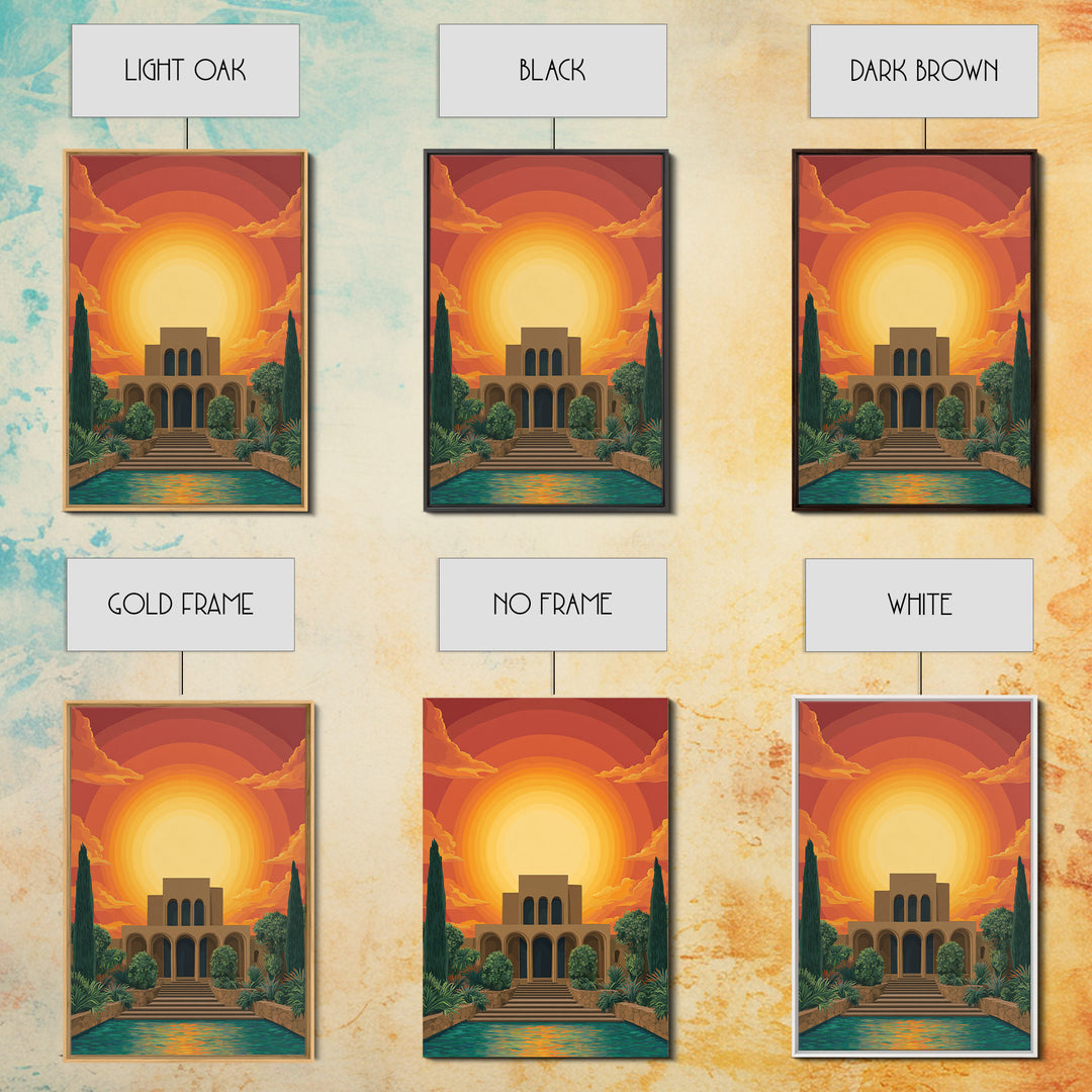 Art Deco Villa Sunset Canvas Print, Midcentury Modern Wall Art, Orange Sun Poster, Tropical Garden Living Room Decor Print