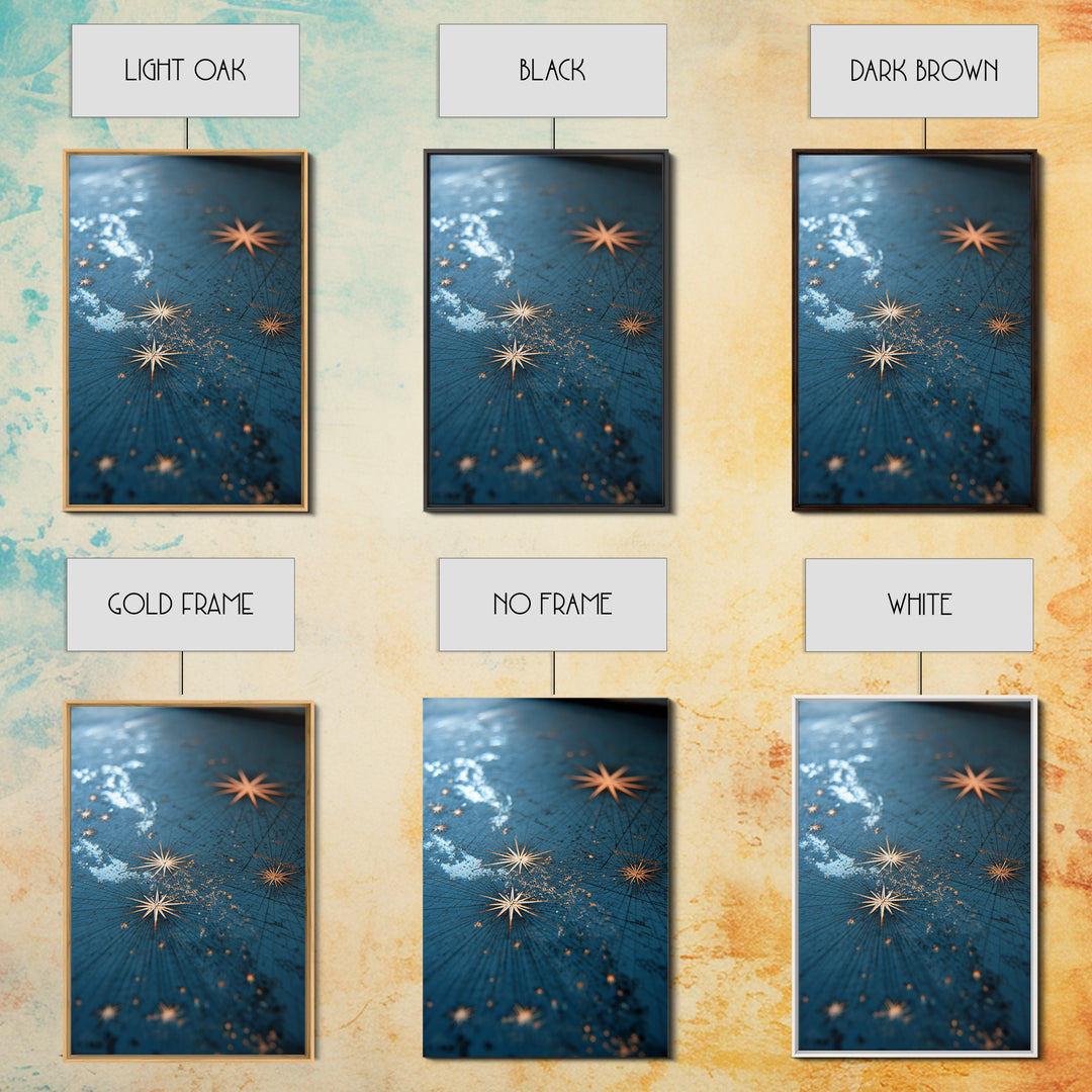 Gold Starburst Night Sky Wall Art, Blue Celestial Abstract Print, Midcentury Modern Decor, Bedroom And Living Room Decor