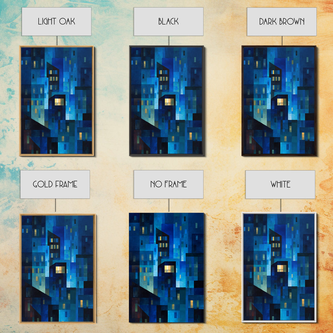 Abstract Blue City Blocks Wall Art, Geometric Night Buildings Print, Midcentury Modern Decor, Contemporary Living Room Art