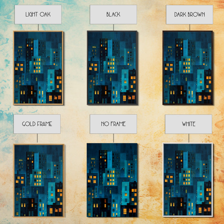 Moody Blue Urban Skyline Wall Art, Abstract City Windows Print, Midcentury Modern Wall Decor, Office And Living Room Poster