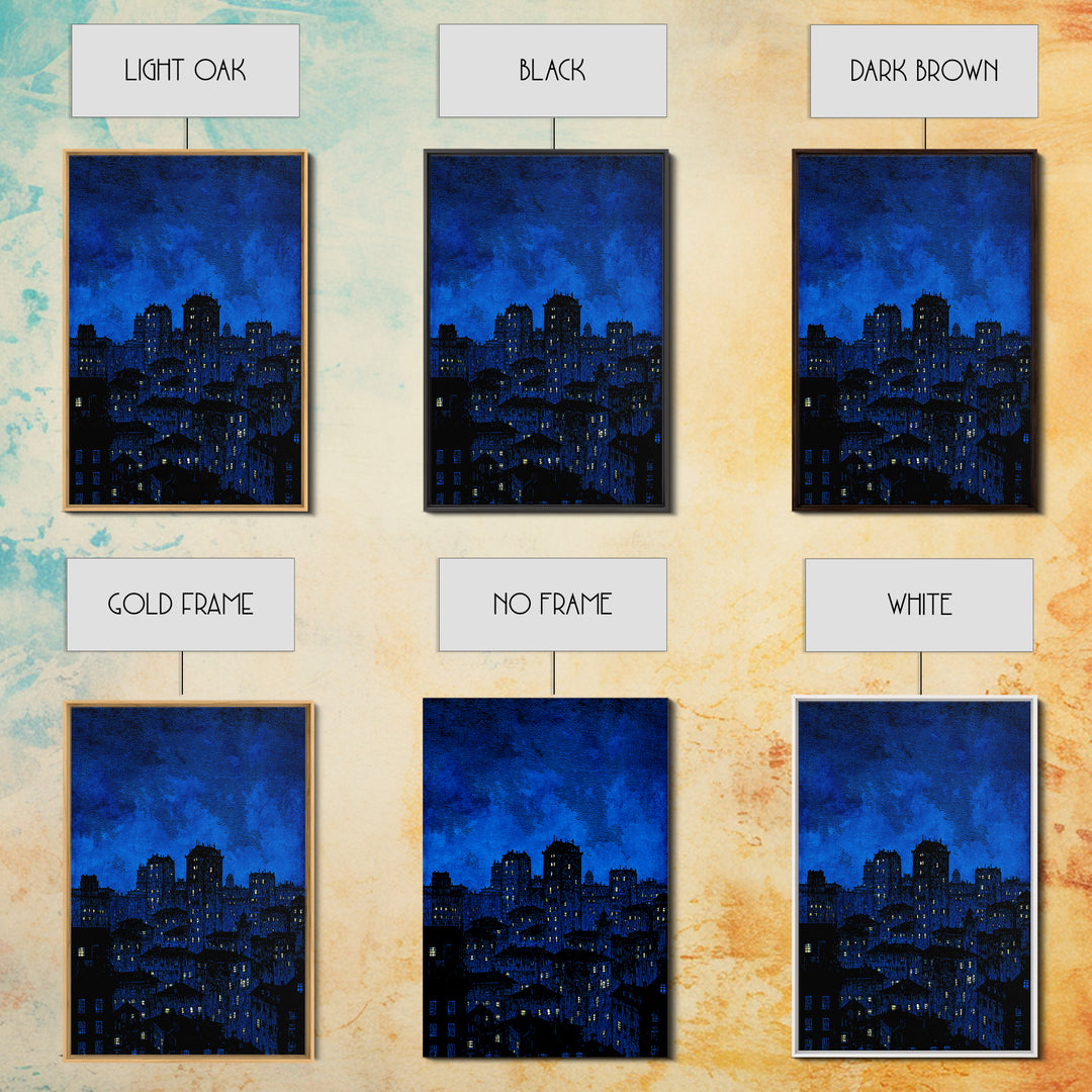 Indigo Linocut Cityscape Canvas Print, Night Skyline Wall Art, Blue Modern Art Print, Urban Home Office Decor Poster Gift